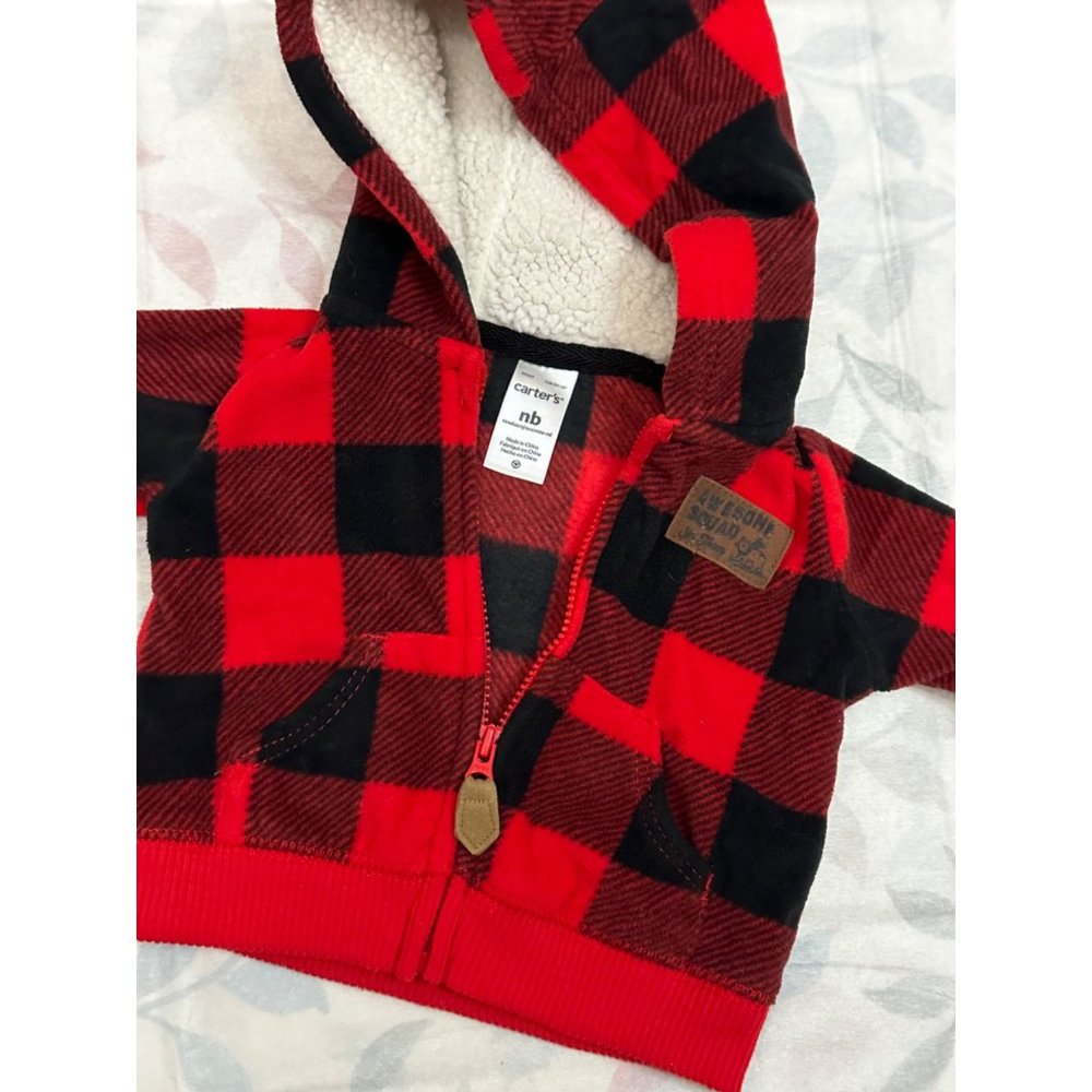 Carter’s Red Black Buffalo Fleece Plaid Newborn Infants Sweater with Hood